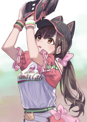 Rule 34 | 1girl, animal ears, arms up, bare shoulders, baseball cap, baseball glove, baseball uniform, blurry, blurry background, blush, breasts, brown eyes, brown hair, cat ears, fake animal ears, hair ornament, hair scrunchie, haruyuki (gffewuoutgblubh), hat, highres, idolmaster, idolmaster shiny colors, large breasts, long hair, looking up, open mouth, outdoors, ponytail, ribbon, scrunchie, short sleeves, solo, sonoda chiyoko, sportswear, standing, wristband