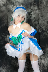 Rule 34 | 1girl, apron, bed, blue dress, bow, cosplay, dress, female focus, flower, highres, indoors, izayoi sakuya, lenfried, no panties, photo (medium), pussy, ribbon, silver hair, solo, standing, touhou