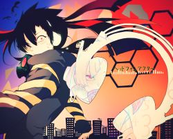 Rule 34 | 1girl, bad id, bad pixiv id, black hair, ene (kagerou project), enomoto takane, gas mask, headphone actor (vocaloid), headphones, hexagon, honeycomb (pattern), honeycomb background, honeycomb pattern, kagerou project, long hair, mask, red eyes, solo, souno kazuki, tears, twintails, vocaloid, white hair