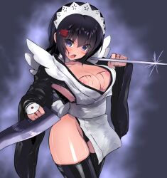 Rule 34 | 1girl, :o, apron, artist request, black hair, blood, blue eyes, blush, breasts, butterfly swords, cleavage, curvy, fighting stance, flipped hair, hair ornament, holding, holding weapon, injury, iroha (samurai spirits), large breasts, leotard, leotard under clothes, looking at viewer, maid, maid headdress, nipples, revealing clothes, samurai spirits, shiny skin, short hair, simple background, solo, standing, sweat, thighhighs, weapon, white apron, wide hips