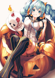 Rule 34 | 1girl, :q, aqua eyes, aqua hair, black shorts, black thighhighs, cake, candle, commentary, detached sleeves, earrings, english commentary, fang, fang out, fire, food, food-themed earrings, food on face, food on hand, food themed earrings, grey shirt, halloween, hatsune miku, highres, holding, holding plate, jack-o&#039;-lantern, jewelry, long hair, long sleeves, looking at viewer, medium hair, paya (aejx2345), plate, pleated sleeves, print shirt, pumpkin, pumpkin earrings, shirt, shorts, simple background, sitting, skin fang, solo, star (symbol), star print, striped clothes, striped shorts, striped thighhighs, thighhighs, tongue, tongue out, vertical-striped clothes, vertical-striped thighhighs, very long hair, vocaloid, white background