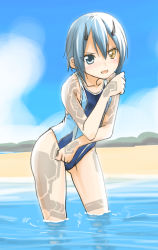 Rule 34 | 1girl, beach, blue eyes, blue hair, blush, competition swimsuit, day, heterochromia, horns, io (pso2), matching hair/eyes, one-piece swimsuit, open mouth, orange eyes, outdoors, phantasy star, phantasy star online 2, shimotsuki iko, short hair, solo, swimsuit, wading, water