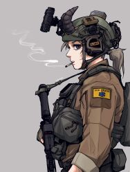 Rule 34 | 1girl, absurdres, assault rifle, blue eyes, brown jacket, chin strap, cigarette, epakim, from side, grey background, gun, gun sling, headset, helmet, highres, holding, holding gun, holding weapon, horns, jacket, light brown hair, load bearing vest, magazine (weapon), military, night vision device, original, patch, ponytail, rifle, scar, scar on face, shoulder patch, simple background, sleeves rolled up, smoke, smoking, tactical clothes, upper body, weapon, zipper
