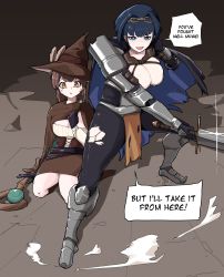 Rule 34 | absurdres, armor, armored boots, blue eyes, blue hair, boots, breasts, brown eyes, brown hair, cape, cleavage, english text, feather hair ornament, feathers, feeq, gauntlets, hair intakes, hair ornament, hat, highres, holding, holding sword, holding weapon, hololive, hololive english, knight, long hair, multicolored hair, multiple girls, nanashi mumei, ouro kronii, protecting, short hair, shoulder armor, staff, streaked hair, sword, virtual youtuber, warrior, weapon, witch hat