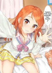 Rule 34 | 1girl, aqua nails, arm up, bare legs, barefoot, bed, bed sheet, blurry, blurry background, blush, bow, bowtie, breasts, brown eyes, cleavage, collarbone, collared shirt, curtains, depth of field, eighth note, feet, grin, hard-translated, head tilt, highres, hojo karen, idolmaster, idolmaster cinderella girls, idolmaster cinderella girls starlight stage, indoors, leaning forward, long hair, long sleeves, loose bowtie, medium breasts, musical note, nail polish, on bed, orange hair, outstretched arm, palms, parted lips, pillow, pink bow, pink neckwear, plaid, plaid skirt, selfie, shirt, sitting, skirt, sleeves past wrists, smile, speech bubble, spread fingers, sweater, swept bangs, tareme, teeth, third-party edit, tks-nb (iorin-rinn), toenail polish, toenails, toes, translated, wariza, waving, white sweater, wing collar, yellow skirt