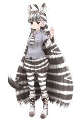 Rule 34 | 10s, 1girl, absurdly long hair, ahoge, animal ear fluff, animal ears, black hair, black ribbon, black skirt, blunt bangs, boots, breasts, brown eyes, collared shirt, facing away, full body, grey shirt, ise (0425), kemono friends, legs apart, long hair, long sleeves, looking away, miniskirt, multicolored clothes, multicolored footwear, multicolored hair, multicolored skirt, necktie, pantyhose, plains zebra (kemono friends), pleated skirt, ribbon, shirt, short sleeves, simple background, skirt, small breasts, solo, standing, striped clothes, striped necktie, striped neckwear, striped pantyhose, striped skirt, tail, two-tone hair, very long hair, white background, white hair, white skirt, zebra ears, zebra tail