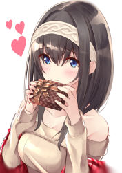 Rule 34 | 1girl, absurdres, black hair, blue eyes, blush, book, breasts, closed mouth, hair between eyes, hairband, heart, highres, holding, holding book, idolmaster, idolmaster cinderella girls, large breasts, long hair, long sleeves, looking at viewer, megurumiru, off-shoulder sweater, off shoulder, ribbed sweater, sagisawa fumika, shawl, simple background, solo, sweater, white background