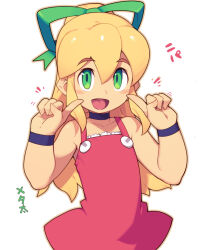 Rule 34 | 1girl, bare shoulders, blonde hair, fingers to cheeks, flat chest, green eyes, hair ribbon, long hair, mega man (classic), mega man (series), metata, open mouth, ponytail, red skirt, redrawn, revision, ribbon, roll (mega man), simple background, skirt, smile, solo, white background