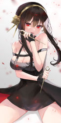 Rule 34 | 1girl, absurdres, bare shoulders, black dress, black gloves, black hair, breasts, dagger, dress, dual wielding, fingerless gloves, floating hair, flower, gloves, gold hairband, hair between eyes, hair flower, hair ornament, hairband, hand to own mouth, hand up, highres, holding, holding dagger, holding knife, holding weapon, knife, large breasts, long hair, looking at viewer, off-shoulder dress, off shoulder, open mouth, red eyes, reverse grip, rose, sidelocks, sitting, smile, solo, spikes, spy x family, thighs, tsuyuri eri, two-sided dress, two-sided fabric, weapon, yor briar
