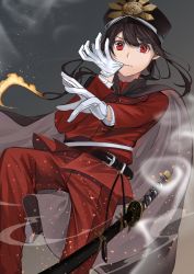 Rule 34 | 1boy, belt, black hair, cloak, coat, eyebrows hidden by hair, fate/grand order, fate (series), gloves, hair between eyes, hat, highres, hitotose hirune, katana, long hair, looking at viewer, military, military hat, oda nobukatsu (fate), putting on gloves, red eyes, solo, sword, weapon, white gloves