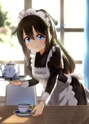 Rule 34 | 1girl, alternate costume, amamiya draw, apron, artist name, backlighting, black dress, blue eyes, blush, brown hair, commentary, cup, dress, enmaided, hair between eyes, highres, holding, holding tray, indoors, juliet sleeves, leaning forward, lens flare, long hair, long sleeves, looking at viewer, love live!, love live! nijigasaki high school idol club, maid, maid day, maid headdress, osaka shizuku, puffy sleeves, saucer, signature, smile, solo, table, teacup, teapot, tray, window