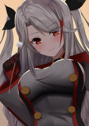 Rule 34 | 1girl, azur lane, black gloves, blush, breasts, buttons, colored tips, commentary request, from below, gloves, grey hair, hair ribbon, large breasts, long hair, looking at viewer, mikoto paint, mimikaki, multicolored hair, prinz eugen (azur lane), red eyes, red gloves, ribbon, sideboob, smile, solo, twintails, very long hair, yellow background