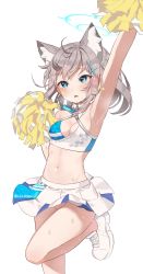 Rule 34 | absurdres, animal ear fluff, animal ears, arm up, armpits, artist name, bare legs, blue archive, blue eyes, blush, breasts, bright pupils, cleavage, cosplay, cross hair ornament, facial mark, goyain, hair ornament, halo, highres, leg up, looking at viewer, millennium cheerleader outfit (blue archive), miniskirt, mismatched pupils, navel, no panties, open mouth, pom pom (clothes), shiroko (blue archive), shoes, skirt, small breasts, sneakers, standing, standing on one leg, stomach, upskirt, white footwear, white skirt, wolf ears