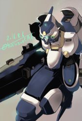 Rule 34 | artist name, bellzelute, dated, glowing, grey background, gun, holding, holding gun, holding weapon, hoshino (pixiv12796893), leaning forward, looking ahead, mecha, no humans, robot, science fiction, solo, super robot wars, super robot wars judgement, visor, weapon