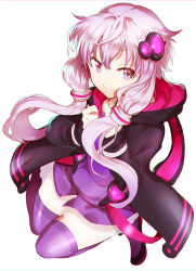 Rule 34 | 1girl, animal hood, black jacket, clenched hands, closed mouth, commentary, dress, hair ornament, hood, hooded jacket, hoodie, jacket, light purple hair, long sleeves, looking at viewer, oono imo, open clothes, open jacket, purple dress, purple eyes, purple footwear, purple thighhighs, rabbit hood, shoes, short dress, short hair with long locks, sidelocks, simple background, sitting, smile, solo, striped clothes, striped dress, striped thighhighs, thighhighs, vertical-striped clothes, vertical-striped dress, vertical-striped thighhighs, vocaloid, voiceroid, wariza, white background, yuzuki yukari