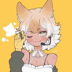 Rule 34 | 1girl, :3, absurdres, animal ears, bare shoulders, blonde hair, bow, bowtie, choker, commentary request, coyote (kemono friends), cthun n, dark-skinned female, dark skin, fang, gloves, grey jacket, highres, jacket, kemono friends, kemono friends v project, microphone, multicolored hair, off shoulder, official alternate costume, one eye closed, pencil, shirt, short hair, simple background, sleeveless, solo, spaghetti strap, star (symbol), virtual youtuber, white bow, white bowtie, white choker, white hair, white shirt, wolf ears, yellow background, yellow eyes, yellow gloves