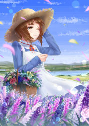 Rule 34 | 10s, 1girl, anne of green gables, anne shirley, anne shirley (cosplay), apron, basket, blue dress, brown eyes, brown hair, carrying, cloud, cloudy sky, cosplay, day, dress, field, flower, flower field, girls und panzer, hand on own head, hat, highres, lens flare, long sleeves, meadow, neck ribbon, nishizumi miho, one eye closed, outdoors, petals, red ribbon, ribbon, river, short hair, sky, solo, standing, straw hat, sun hat, white apron, wince, wind, yaoyasan