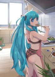 Rule 34 | 1girl, absurdres, apron, aqua eyes, aqua hair, ass, asuka-w, breasts, hatsune miku, highres, indoors, kitchen, long hair, looking at viewer, looking back, medium breasts, solo, thighs, twintails, underboob, underwear, very long hair, vocaloid