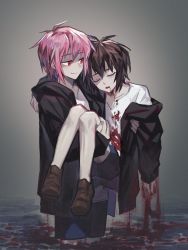 Rule 34 | 2boys, bishounen, black jacket, black shorts, blood, blood from mouth, blood on clothes, blue shorts, brown hair, carrying, closed eyes, closed mouth, grey background, highres, hood, hood down, hooded jacket, hsh7955, isoi haruki, jacket, multiple boys, open mouth, origin alpha, partially submerged, pink hair, red eyes, saibou shinkyoku, shirt, short hair, shorts, smile, spoilers, white shirt