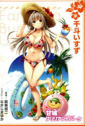 Rule 34 | 1girl, absurdres, amagi brilliant park, ball, banana, bare shoulders, beachball, bikini, blush, breasts, brown eyes, brown hair, character name, cleavage, cloud, copyright name, cup, day, drinking straw, feet, floral print, flower, food, fruit, full body, hat, hibiscus, highres, innertube, large breasts, leg up, looking at viewer, nakajima yuka, navel, official art, orange (fruit), palm tree, parted lips, pineapple, sandals, scan, sento isuzu, side-tie bikini bottom, simple background, sky, solo, sun hat, swim ring, swimsuit, toes, tree