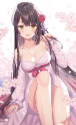 Rule 34 | 1girl, alternate costume, arm support, azur lane, bare shoulders, barefoot, black hair, blunt bangs, blush, breasts, cleavage, collarbone, flower, hair flower, hair ornament, halterneck, hiei (azur lane), hiei (moonlit cruise) (azur lane), highres, holding, holding own hair, horns, izumo neru, knee up, large breasts, long hair, long sleeves, looking at viewer, off shoulder, open mouth, sitting, sleepwear, smile, solo, thighs, yellow eyes