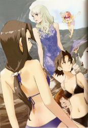 Rule 34 | 00s, 2boys, 4girls, arms behind back, baccano!, back, bikini, black hair, cave, chane laforet, character request, claire stanfield, dress, dutch angle, edith, edith (baccano!), enami katsumi, floating, halterneck, looking back, midriff, multiple boys, multiple girls, official art, rock, shark, short hair, smile, standing, swimsuit