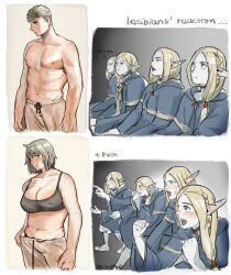 Rule 34 | 1boy, 5girls, blonde hair, blush, bra, breasts, brown eyes, cheekbones, clone, clothes pull, co1fee, covered erect nipples, dungeon meshi, elf, falin touden, gaijin 4koma (meme), green eyes, grey hair, highres, laios touden, large breasts, marcille donato, meme, muffin top, multiple girls, muscular, muscular male, navel, panties, pants, pants pull, panty peek, pectorals, plump, pointy ears, serious, shapeshifter (dungeon meshi), stomach, topless male, underwear, yuri