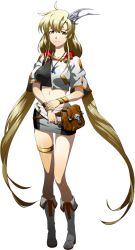 Rule 34 | 1girl, bag, blonde hair, boots, brown eyes, closed mouth, collarbone, crop top, full body, hair between eyes, hair ornament, highres, jewelry, knee boots, langrisser, langrisser ii, long hair, looking at viewer, midriff, miniskirt, navel, official art, pencil skirt, pendant, riana (langrisser), shiny skin, skindentation, skirt, smile, solo, standing, stomach, thigh gap, thighlet, transparent background, twintails, very long hair, white footwear