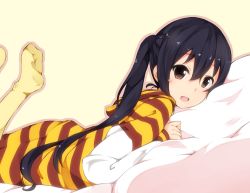 Rule 34 | 1girl, :d, black eyes, black hair, blush, brown eyes, feet, hood, hoodie, k-on!, legs up, long hair, lying, nakano azusa, no shoes, on stomach, open mouth, outline, pillow, plus9, sleepwear, smile, soles, solo, striped, thighhighs, toes, twintails, yellow thighhighs