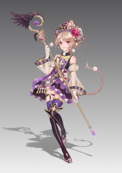 Rule 34 | 1girl, absurdres, black feathers, black footwear, blonde hair, boots, braid, braided ponytail, detached sleeves, dress, feathers, flower, full body, garter straps, gloves, gradient background, grey background, grin, hair flower, hair ornament, highres, hiroshi taeru qwq, holding, holding staff, layered dress, leaning to the side, leg up, long hair, long sleeves, looking at viewer, original, purple thighhighs, red eyes, red flower, see-through, shadow, short dress, single braid, smile, solo, staff, standing, thigh boots, thighhighs, very long hair, white gloves, wide sleeves