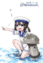Rule 34 | 1girl, 1other, black hair, blue eyes, blue sailor collar, bob cut, chou-10cm-hou-chan, commentary request, daitou (kancolle), dated, dress, hat, high ponytail, kantai collection, lying, masara (chuujou), one-hour drawing challenge, open mouth, sailor collar, sailor dress, sailor hat, short hair, short sleeves, sidelocks, smile, socks, twitter username, water, white dress, white hat, white legwear