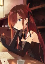 Rule 34 | 1girl, absurdres, azuuru (azure0608), bare shoulders, black gloves, blue eyes, bow, coffee, cup, earrings, elbow gloves, elbow rest, envelope, gloves, hair bow, hair over one eye, head rest, highres, holding, indoors, jewelry, long hair, novel illustration, official art, red hair, riviere (riviere to inori no kuni), riviere to inori no kuni, sleeveless, solo, steam, textless version