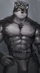 Rule 34 | 1boy, abs, absurdres, animal ears, bara, body hair, bulge, chest hair, dopey (dopq), furry, furry male, grey hair, headband, highres, horkeu kamui, large pectorals, looking at viewer, male focus, male underwear, manly, multicolored hair, muscular, nipples, pectorals, revealing clothes, simple background, solo, thick thighs, thighs, tokyo houkago summoners, topless male, underwear