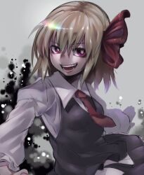 Rule 34 | 1girl, ascot, black vest, blonde hair, bright pupils, commentary request, grey background, hair between eyes, hair ribbon, long sleeves, looking at viewer, nio (meple nio), open mouth, red ascot, red eyes, red ribbon, ribbon, rumia, shirt, short hair, simple background, solo, teeth, touhou, upper body, vest, white pupils, white shirt