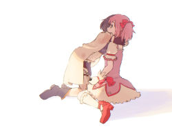 Rule 34 | 2girls, ankle boots, blue footwear, blue hair, boots, bubble skirt, cape, commentary request, gloves, hair ribbon, high heels, kaname madoka, kaname madoka (magical girl), kneehighs, magical girl, mahou shoujo madoka magica, mahou shoujo madoka magica (anime), miki sayaka, miki sayaka (magical girl), multiple girls, pink hair, puffy short sleeves, puffy sleeves, red footwear, red ribbon, ribbon, shoes, short hair, short sleeves, sitting, skirt, socks, thighhighs, twintails, un nm5sy, wariza, white cape, white gloves, white socks, white thighhighs