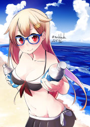 Rule 34 | 10s, 1girl, bad id, bad pixiv id, bare arms, bare shoulders, beach, bespectacled, bikini, bikini skirt, black bikini, blonde hair, blush, bottle, breasts, cleavage, cloud, cloudy sky, day, glasses, groin, hair flaps, hair ornament, hair ribbon, hairclip, kantai collection, long hair, looking at viewer, navel, nekobaka, ocean, outdoors, reaching, reaching towards viewer, red eyes, ribbon, sand, sky, smile, solo, standing, stomach, swimsuit, water, water bottle, yuudachi (kancolle), yuudachi kai ni (kancolle)