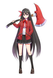 Rule 34 | 1girl, axe, black footwear, black skirt, black socks, blazer, closed mouth, commentary request, dairininn, dress shirt, frown, full body, hair ribbon, hand in pocket, highres, holding, holding axe, huge weapon, jacket, kneehighs, loafers, long hair, long sleeves, looking at viewer, miniskirt, neck ribbon, open clothes, open jacket, original, over shoulder, pleated skirt, purple eyes, red jacket, red ribbon, ribbon, school uniform, shirt, shoes, simple background, single horizontal stripe, skirt, socks, solo, standing, very long hair, weapon, white background, white shirt, wing collar