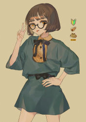 Rule 34 | 1girl, absurdres, black bow, black neckwear, bob cut, bow, brown background, brown hair, collared shirt, glasses, hand on own hip, hand up, highres, looking at viewer, original, piru (exp 66), semi-rimless eyewear, shirt, short hair, simple background, solo, tongue, tongue out, under-rim eyewear, v, yellow eyes