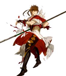 Rule 34 | 1boy, arai teruko, armor, armored boots, back, bell, boots, brown hair, fire emblem, fire emblem fates, fire emblem heroes, full body, headband, highres, injury, japanese clothes, male focus, naginata, nintendo, official art, polearm, purple eyes, shinonome (fire emblem), solo, teeth, torn clothes, transparent background, weapon