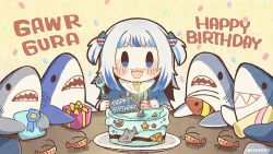 Rule 34 | 1girl, :3, :d, birthday cake, blue eyes, blue hair, blunt bangs, blush stickers, cake, character name, chibi, commentary, confetti, dated commentary, food, fork, gawr gura, gift, happy birthday, hololive, hololive english, long hair, looking at viewer, mixed-language commentary, multicolored hair, open mouth, plate, same anko, shark, sharp teeth, shrimp, smile, solo, streaked hair, table, teeth, twitter username, two-tone hair, two side up, v-shaped eyebrows, virtual youtuber, white hair