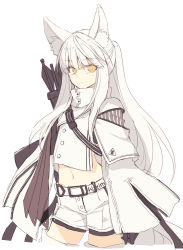Rule 34 | 1girl, animal ear fluff, animal ears, arknights, arrow (projectile), belt, belt buckle, blonde hair, buckle, from side, horse ears, horse girl, jacket, kingdom of kazimierz logo, long hair, long sleeves, looking at viewer, navel, platinum (arknights), ponytail, quiver, satou kibi, shorts, simple background, solo, standing, stomach, white background, white shorts, yellow eyes, zipper