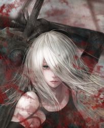Rule 34 | 1girl, black gloves, blood, blood splatter, closed mouth, elbow gloves, expressionless, gloves, hair over one eye, highres, holding, holding sword, holding weapon, long hair, looking at viewer, nier (series), nier:automata, no blindfold, grey eyes, silver hair, solo, sword, upper body, weapon, yamamoto no ari, 2b (nier:automata), a2 (nier:automata)