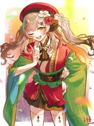 1girl absurdres belt bow fate/grand_order fate_(series) flower gradient_hair hair_bow hair_flower hair_ornament hand_on_own_hip hat highres japanese_clothes kimono marie_antoinette_(alter)_(exhibition_attire)_(fate) marie_antoinette_(alter)_(fate) marie_antoinette_(fate) marie_antoinette_alter_(fate) multicolored_hair one_eye_closed open_mouth pointing pointing_up red_hat red_kimono solo tama_chan_26 white_hair yellow_eyes