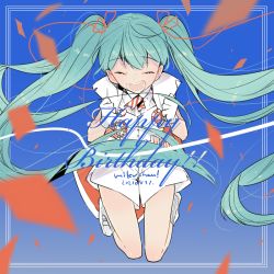 Rule 34 | 1girl, aqua hair, clenched hands, commentary request, dated, closed eyes, facing viewer, gloves, hami (lvct), happy birthday, hatsune miku, long hair, open mouth, shirt, shoes, short shorts, shorts, socks, solo, twintails, very long hair, vocaloid, white footwear, white gloves, white shirt, white shorts, white socks