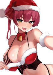 Rule 34 | 1girl, bow, bowtie, bra, breasts, choker, corset, fang, female focus, hat, heterochromia, highres, hololive, houshou marine, large breasts, lingerie, looking at viewer, open mouth, oritonagi, red bra, red eyes, red hair, santa hat, simple background, solo, twintails, underwear, upper body, virtual youtuber, white background, yellow eyes