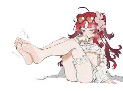 Rule 34 | 1girl, absurdres, arknights, barefoot, blush, feet, green eyes, highres, long hair, myrtle (arknights), pointy ears, red hair, renxzd, soles, steam, sunglasses on head, toes, twintails