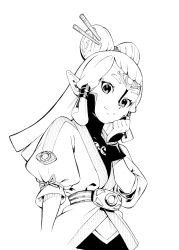 Rule 34 | 1girl, greyscale, highres, looking at viewer, monochrome, nintendo, paya (zelda), pointy ears, simple background, smile, solo, the legend of zelda, the legend of zelda: breath of the wild, white background