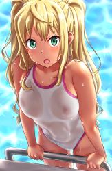 Rule 34 | 1girl, :o, absurdres, bare shoulders, blonde hair, blush, breasts, competition swimsuit, cowboy shot, dumbbell nan kilo moteru?, covered erect nipples, fang, green eyes, highres, kobamiso (kobalt), long hair, looking at viewer, medium breasts, one-piece swimsuit, open mouth, partially submerged, pool, pool ladder, poolside, sakura hibiki, see-through, solo, swimsuit, tan, twintails, wet, wet clothes, wet swimsuit, white one-piece swimsuit