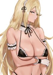 Rule 34 | 1girl, arm garter, arm under breasts, bare shoulders, bikini, black bikini, blonde hair, blush, breasts, cleavage, detached collar, frills, highres, j@ck, large breasts, long hair, looking at viewer, maid, maid bikini, maid headdress, mythra (xenoblade), navel, parted lips, sidelocks, simple background, swept bangs, swimsuit, unconventional maid, white background, xenoblade chronicles (series), xenoblade chronicles 2, yellow eyes
