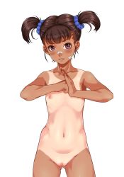 Rule 34 | 1girl, black hair, blush, breasts, censored, cowboy shot, dragon quest, dragon quest iii, fighter (dq3), fighting stance, flat chest, groin, highres, legs, looking at viewer, mosaic censoring, navel, nipples, nude, pink eyes, pussy, sakuradou, simple background, smile, solo, standing, tan, tanline, thighs, twintails, white background